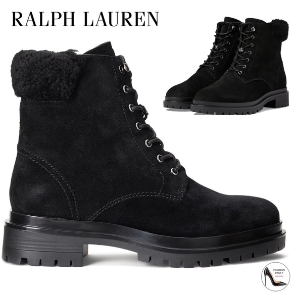 RALPH LAUREN Black Suede Lug Sole Carlee Round Toe Lace-Up Boots Ankle Booties - Picture 1 of 15
